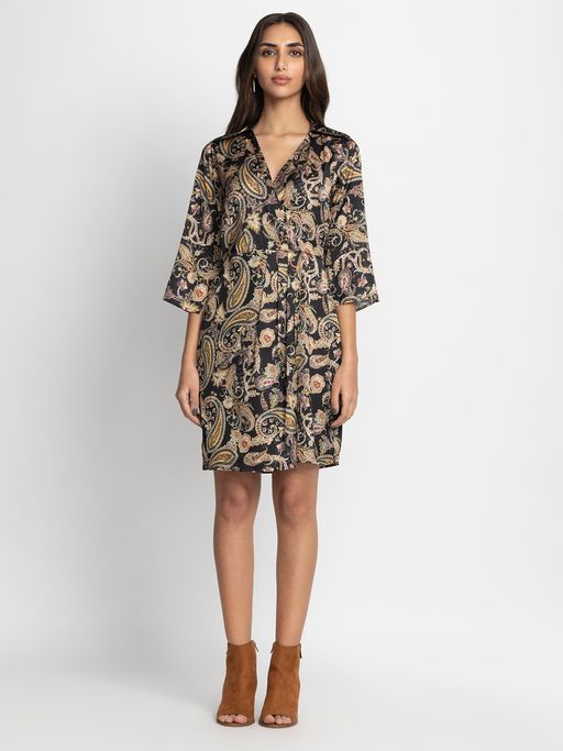Buy SHAYE Black and Yellow Paisley Print Long Sleeves Casual Dress for  Women Online