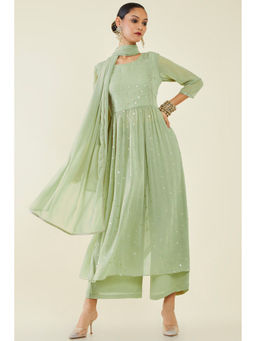 Soch - Women Green Georgette Embellished Kurta with Palazzo and Dupatta (Set of 3)