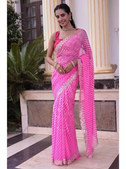 Zari Jaipur - Pink Georgette Embellished Saree with Unstitched Blouse