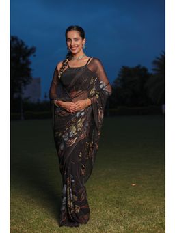 Zari Jaipur - Black Chiffon Embellished Saree with Unstitched Blouse
