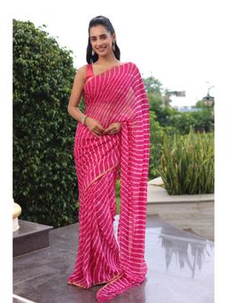 Zari Jaipur - Dark Pink Chiffon Printed Saree with Unstitched Blouse