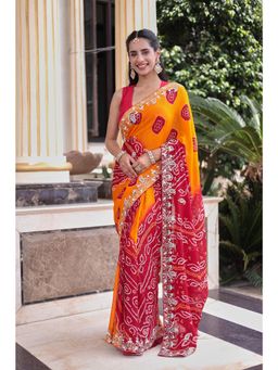 Zari Jaipur - Orange Bandhani Georgette Saree with Unstitched Blouse