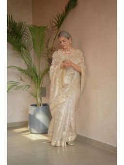 Zari Jaipur - Beige Organza Embellished Saree with Unstitched Blouse