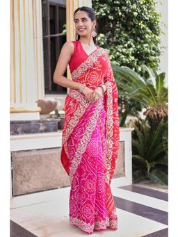 Zari Jaipur - Red Georgette Bandhani Saree with Unstitched Blouse