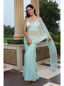 Zari Jaipur - Turquoise Chiffon Saree with Print with Unstitched Blouse