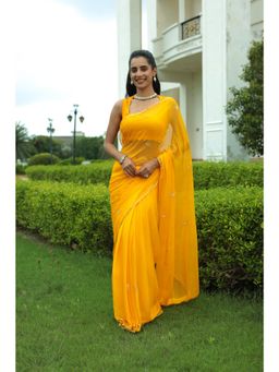 Zari Jaipur - Yellow Chiffon Saree with Print with Unstitched Blouse