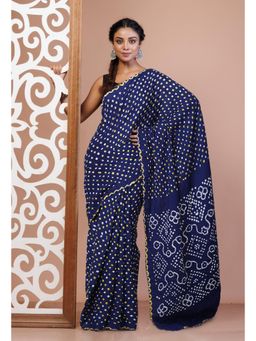 Unnati Silks - Navy Blue Bandhani Mulmul Cotton Saree with Unstitched Blouse