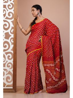 Unnati Silks - Red Bandhani Mulmul Cotton Saree with Unstitched Blouse