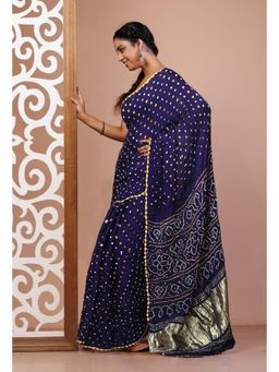 Unnati Silks - Navy Blue Bandhani Gaji Soft Silk Saree with Unstitched Blouse