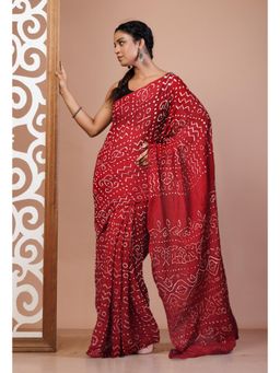 Unnati Silks - Maroon Bandhani Mulmul Cotton Saree with Unstitched Blouse