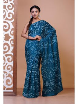 Unnati Silks - Teal Bandhani Mulmul Cotton Saree with Unstitched Blouse