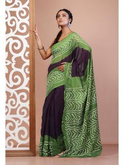 Unnati Silks - Brown Bandhani Mulmul Cotton Saree with Unstitched Blouse