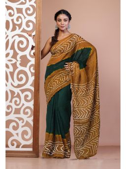 Unnati Silks - Green Bandhani Mulmul Cotton Saree with Unstitched Blouse