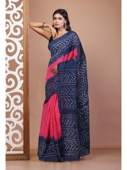 Unnati Silks - Pink Bandhani Mulmul Cotton Saree with Unstitched Blouse