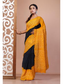 Unnati Silks - Black Bandhani Mulmul Cotton Saree with Unstitched Blouse