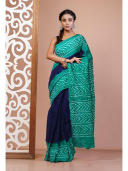 Unnati Silks - Navy Blue Bandhani Mulmul Cotton Saree with Unstitched Blouse