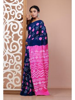 Unnati Silks - Navy Blue Bandhani Mulmul Cotton Saree with Unstitched Blouse