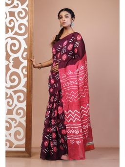Unnati Silks - Dark Brown Bandhani Mulmul Cotton Saree with Unstitched Blouse