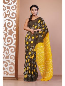 Unnati Silks - Brown Bandhani Mulmul Cotton Saree with Unstitched Blouse