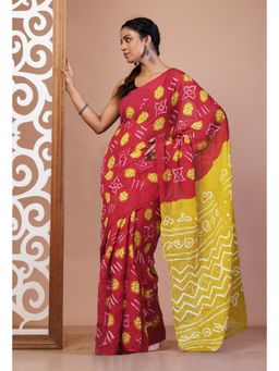 Unnati Silks - Red Bandhani Mulmul Cotton Saree with Unstitched Blouse