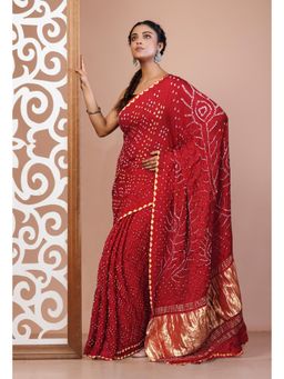 Unnati Silks - Red Bandhani Gaji Soft Silk Saree with Unstitched Blouse