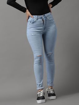 SHOWOFFFF - Womens High-rise Blue Mildly Distressed Jeans