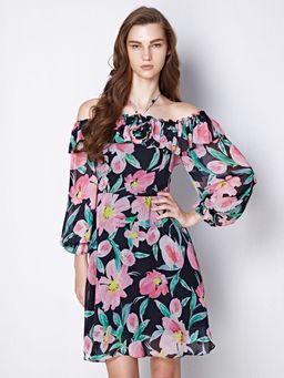 Cover Story - Black Floral Print Off Shoulder Dress