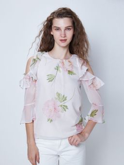 Cover Story - White Floral Print Cold Shoulder Top