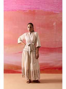 RUIAAN - Beige Maxi Embroidered Dress with Belt