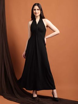 IKI CHIC - Women Black Bodycon Maxi Dress with Ruched Detailing