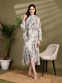 IKI CHIC - Grey Women Smoky Tie-Dye Layered Ruffle Co-Ord Set
