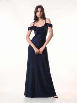 KELIN - Blue Nashira Navy Off-Shoulder Sequin Drape Dress