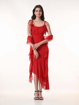 KELIN - Celeste Red Georgette Western Dress With Scarf