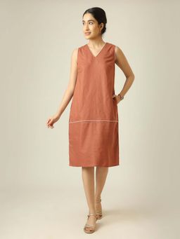 Saltpetre - V-Neck Sleeveless Midi Dress - Terracotta Brown With Ecru Edging