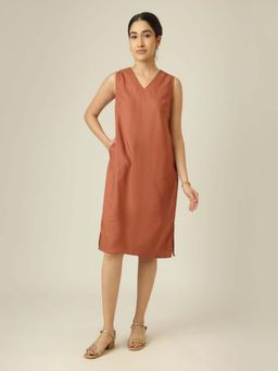 Saltpetre - V-Neck Sleeveless Midi Dress - Terracotta Brown