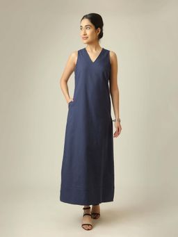 Saltpetre - Women Linen Maxi Dress - Navy Blue