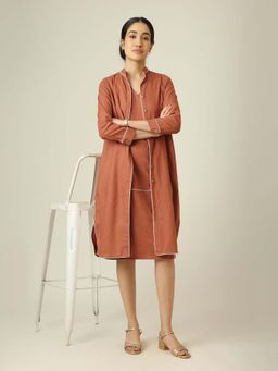 Saltpetre - Women Dress With Jacket - Terracotta Brown With Ecru Edging