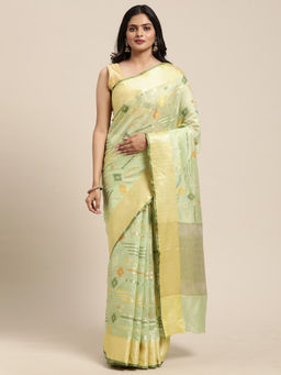 Banarasi Silk Works - Pistachio Mulberry Silk Motif Tilfi Zari Border Saree with Unstitched Blouse