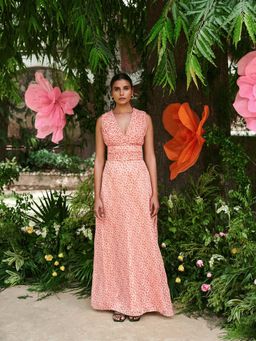 ETE - Daisy-pink Organza Floral Printed Maxi Dress With A High Slit And A Matching Belt