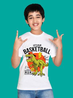 Nusyl - Boy White Dinosaur and Let's Play Basketball Printed T-shirt
