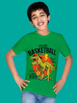 Nusyl - Boy Green Dinosaur and Let's Play Basketball Printed T-shirt