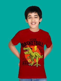 Nusyl - Boy Maroon Dinosaur and Let's Play Basketball Printed T-shirt