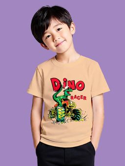 Nusyl - Boy Beige Dino Racer On Tractor Printed T-shirt