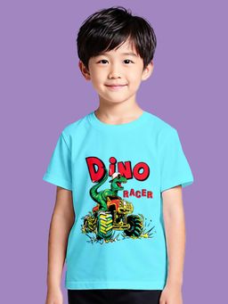 Nusyl - Boy Blue Dino Racer On Tractor Printed T-shirt