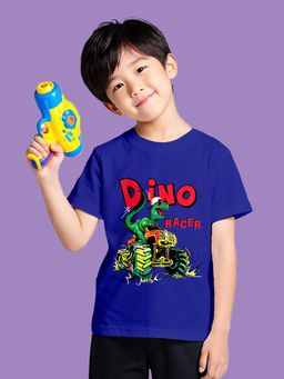 Nusyl - Boy Navy Blue Dino Racer On Tractor Printed T-shirt