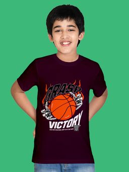 Nusyl - Boy Maroon Basketball and Grasp Victory Printed T-shirt