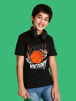 Nusyl - Boy Black Basketball and Grasp Victory Printed T-shirt