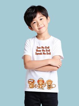 Nusyl - Boy White Three Monkeys Typography T-shirt