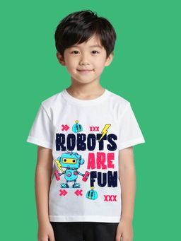 Nusyl - Boy White Robots are fun Printed T-shirt