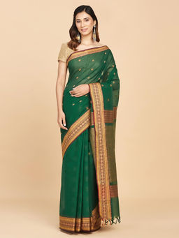 Fabindia - Green Cotton Woven Saree Without Blouse